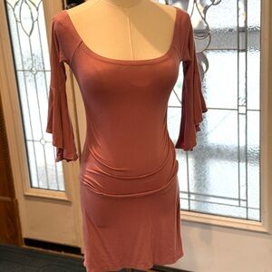 Pink mini dress with ruffle flare sleeves